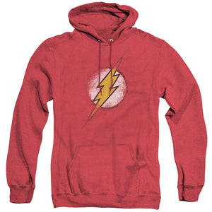 AN OFFCIALLY LICENSED JLA DESTROYED FLASH LOGO ADULT UNISEX HEATHER PULLOVER HOODIE RED