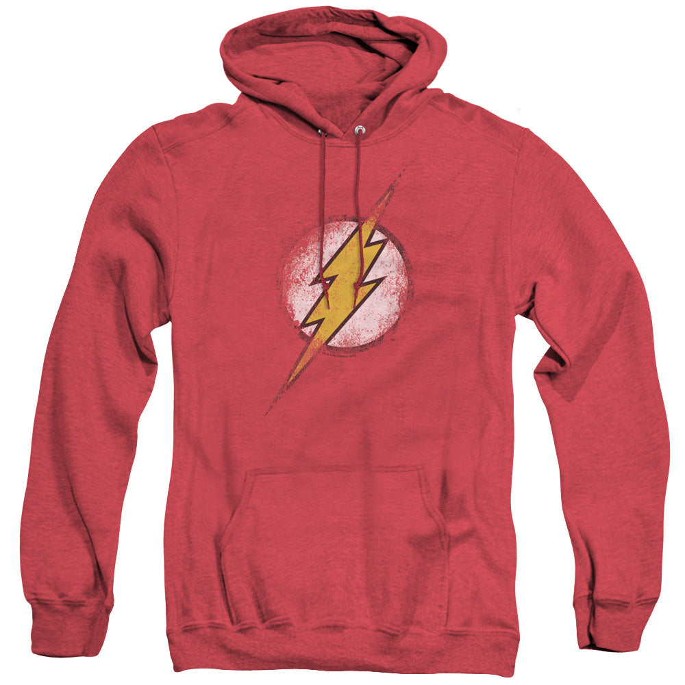 AN OFFCIALLY LICENSED JLA DESTROYED FLASH LOGO ADULT UNISEX HEATHER PULLOVER HOODIE RED