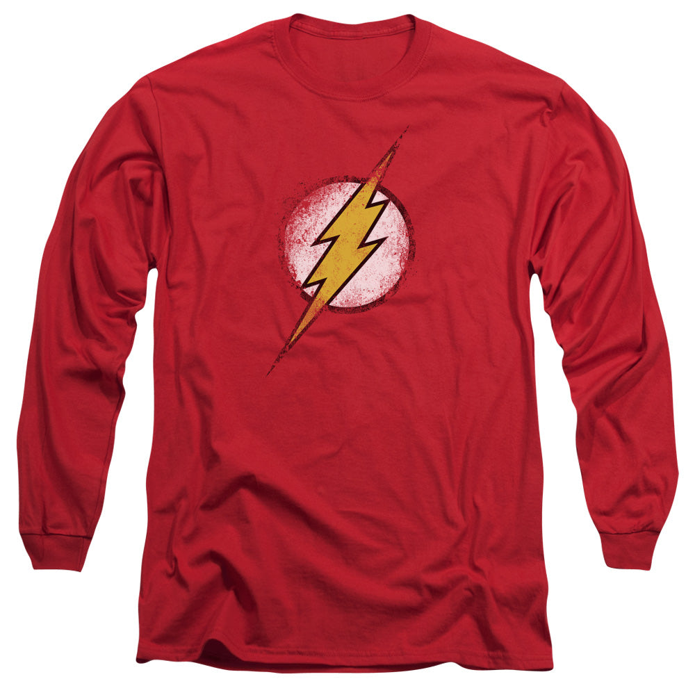 AN OFFCIALLY LICENSED JLA DESTROYED FLASH LOGO MEN'S LONG SLEEVE T-SHIRT RED