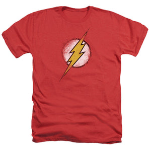 AN OFFCIALLY LICENSED JLA DESTROYED FLASH LOGO MEN'S HEATHER T-SHIRT RED