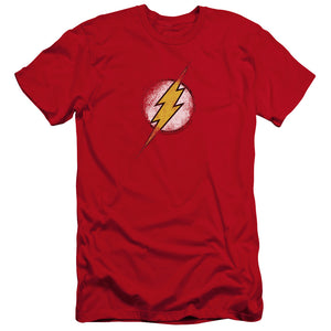 AN OFFCIALLY LICENSED JLA DESTROYED FLASH LOGO MEN'S PREMIUM SLIM FIT T-SHIRT RED