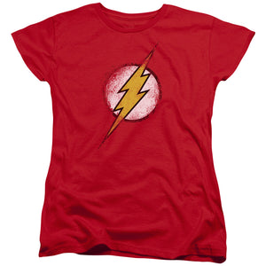 AN OFFCIALLY LICENSED JLA DESTROYED FLASH LOGO WOMEN'S REGULAR FIT T-SHIRT RED