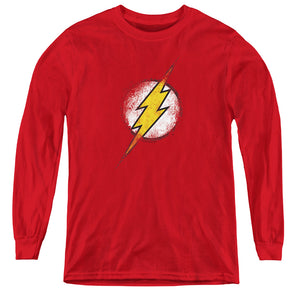 AN OFFCIALLY LICENSED JLA DESTROYED FLASH LOGO YOUTH LONG SLEEVE T-SHIRT RED