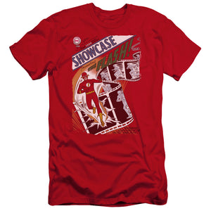 AN OFFCIALLY LICENSED JLA SHOWCASE #4 COVER MEN'S PREMIUM SLIM FIT T-SHIRT RED