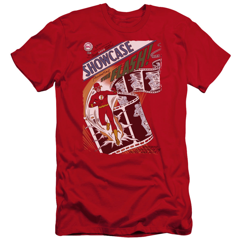 AN OFFCIALLY LICENSED JLA SHOWCASE #4 COVER MEN'S PREMIUM SLIM FIT T-SHIRT RED