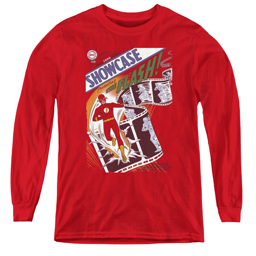 AN OFFCIALLY LICENSED JLA SHOWCASE #4 COVER YOUTH LONG SLEEVE T-SHIRT RED