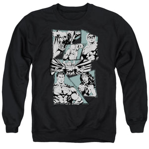 AN OFFCIALLY LICENSED JLA A MIGHTY LEAGUE ADULT UNISEX CREWNECK SWEATSHIRT BLACK