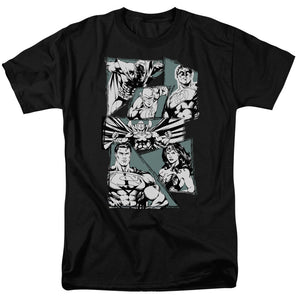 AN OFFCIALLY LICENSED JLA A MIGHTY LEAGUE MEN'S REGULAR FIT T-SHIRT BLACK