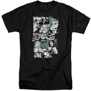 AN OFFCIALLY LICENSED JLA A MIGHTY LEAGUE MEN'S TALL FIT T-SHIRT BLACK