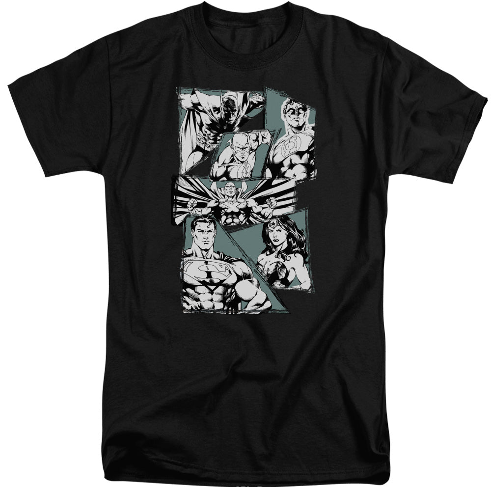 AN OFFCIALLY LICENSED JLA A MIGHTY LEAGUE MEN'S TALL FIT T-SHIRT BLACK
