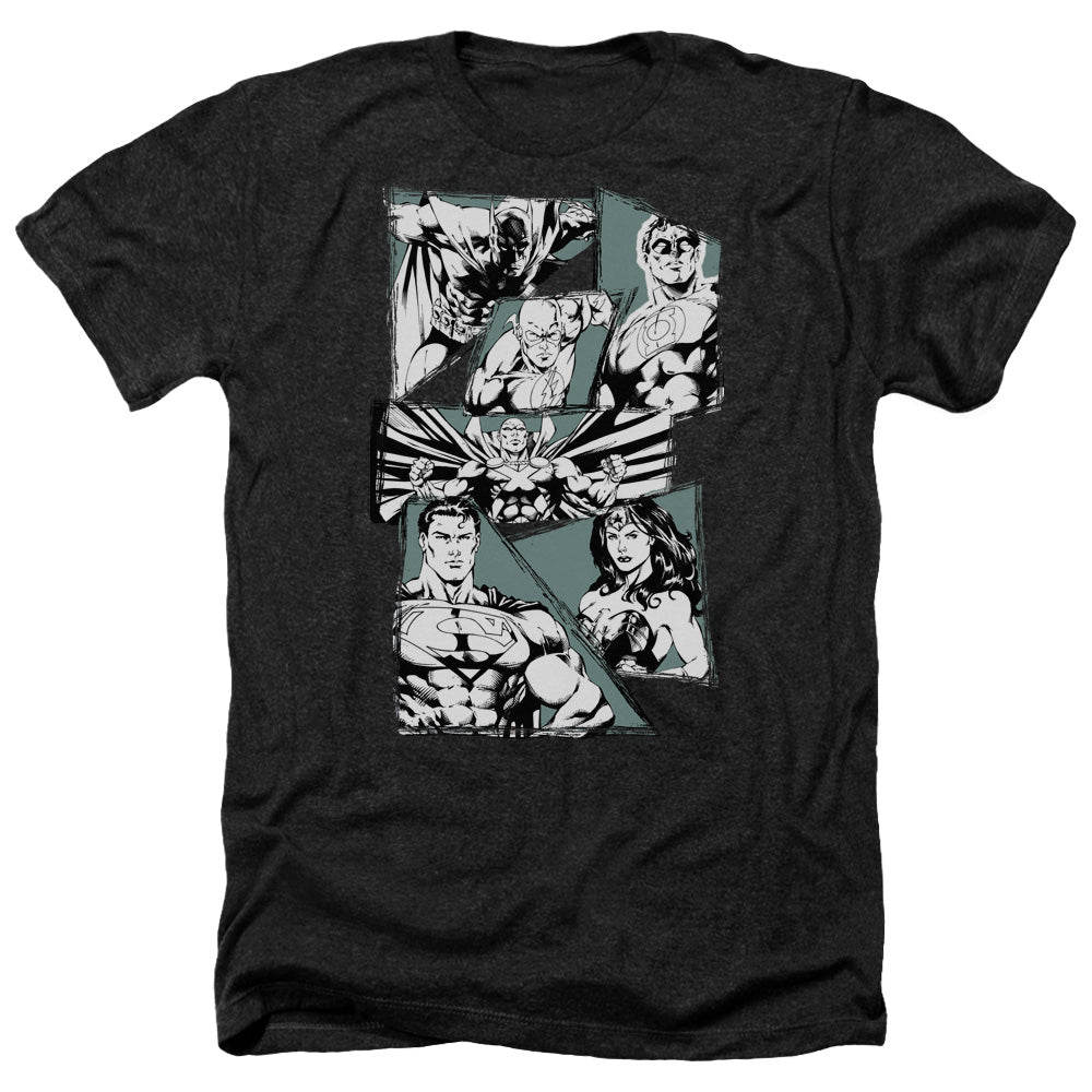 AN OFFCIALLY LICENSED JLA A MIGHTY LEAGUE MEN'S HEATHER T-SHIRT CHARCOAL