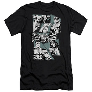 AN OFFCIALLY LICENSED JLA A MIGHTY LEAGUE MEN'S PREMIUM SLIM FIT T-SHIRT BLACK