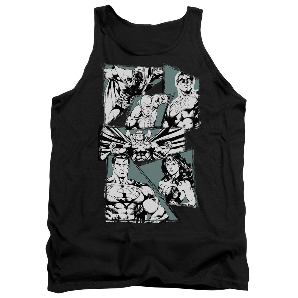 AN OFFCIALLY LICENSED JLA A MIGHTY LEAGUE ADULT UNISEX TANK TOP BLACK