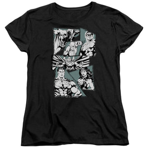 AN OFFCIALLY LICENSED JLA A MIGHTY LEAGUE WOMEN'S REGULAR FIT T-SHIRT BLACK