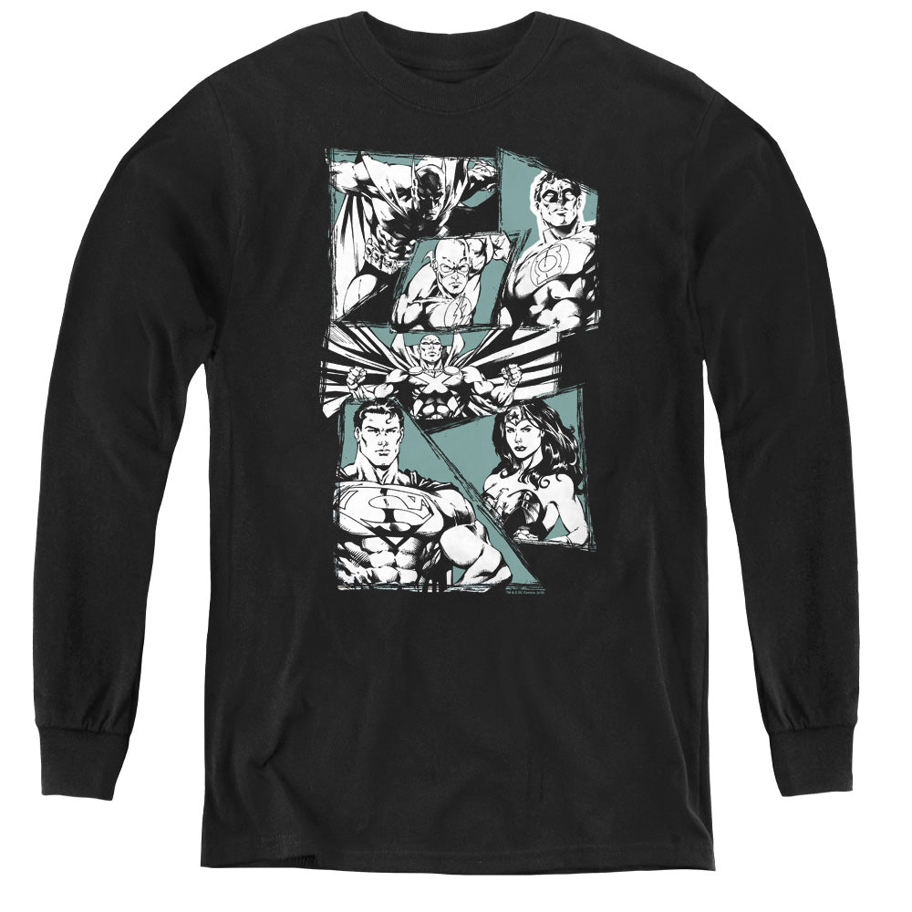 AN OFFCIALLY LICENSED JLA A MIGHTY LEAGUE YOUTH LONG SLEEVE T-SHIRT BLACK