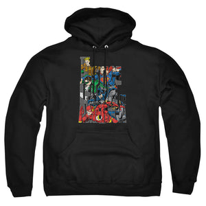 AN OFFCIALLY LICENSED JLA LETTERED LEAGUE ADULT UNISEX PULLOVER HOODIE BLACK