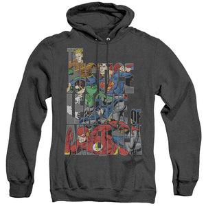 AN OFFCIALLY LICENSED JLA LETTERED LEAGUE ADULT UNISEX HEATHER PULLOVER HOODIE BLACK