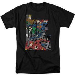 AN OFFCIALLY LICENSED JLA LETTERED LEAGUE MEN'S REGULAR FIT T-SHIRT BLACK