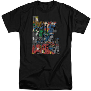 AN OFFCIALLY LICENSED JLA LETTERED LEAGUE MEN'S TALL FIT T-SHIRT BLACK