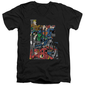 AN OFFCIALLY LICENSED JLA LETTERED LEAGUE MEN'S V-NECK T-SHIRT BLACK