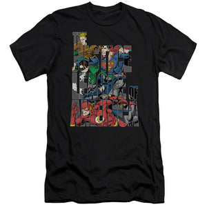 AN OFFCIALLY LICENSED JLA LETTERED LEAGUE MEN'S PREMIUM SLIM FIT T-SHIRT BLACK