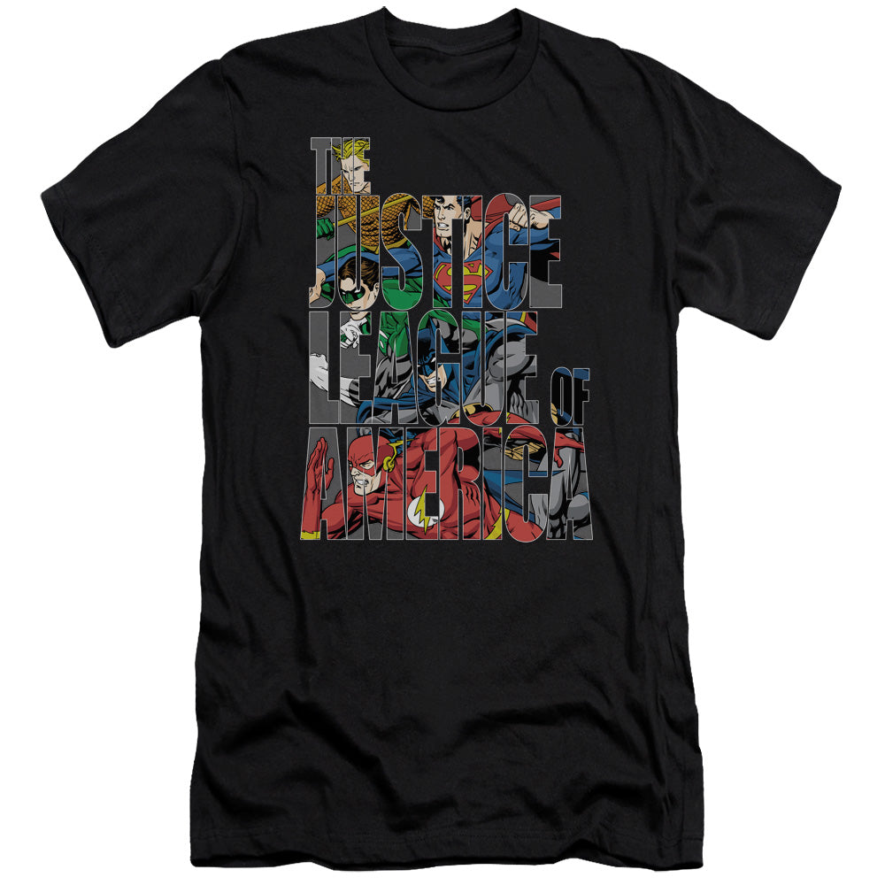 AN OFFCIALLY LICENSED JLA LETTERED LEAGUE MEN'S PREMIUM SLIM FIT T-SHIRT BLACK