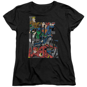 AN OFFCIALLY LICENSED JLA LETTERED LEAGUE WOMEN'S REGULAR FIT T-SHIRT BLACK