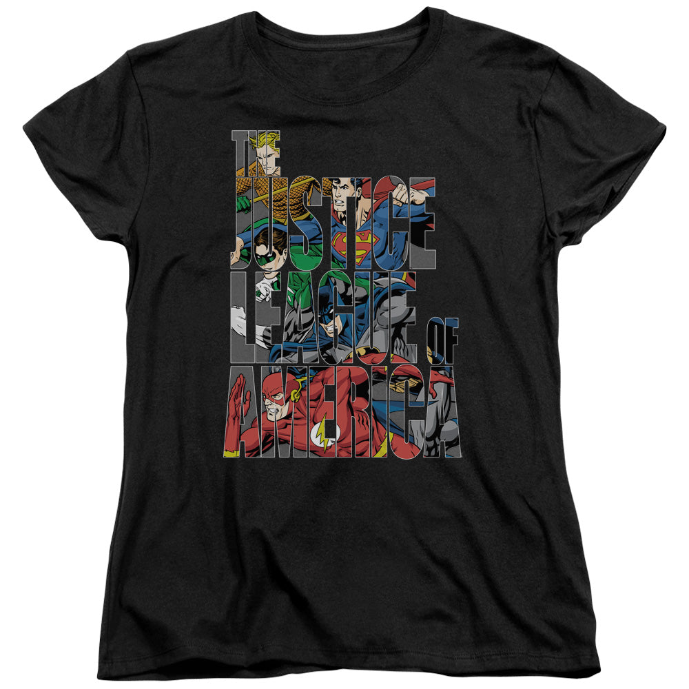 AN OFFCIALLY LICENSED JLA LETTERED LEAGUE WOMEN'S REGULAR FIT T-SHIRT BLACK