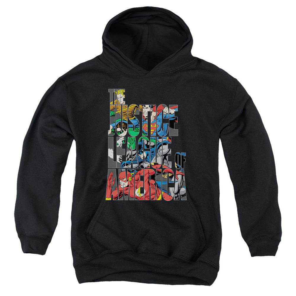 AN OFFCIALLY LICENSED JLA LETTERED LEAGUE YOUTH HOODIE BLACK