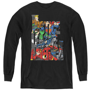 AN OFFCIALLY LICENSED JLA LETTERED LEAGUE YOUTH LONG SLEEVE T-SHIRT BLACK