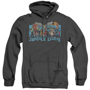 AN OFFCIALLY LICENSED JLA LEAGUE LINEUP ADULT UNISEX HEATHER PULLOVER HOODIE BLACK
