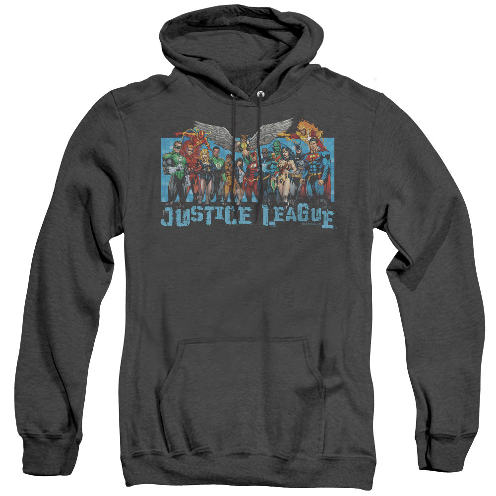 AN OFFCIALLY LICENSED JLA LEAGUE LINEUP ADULT UNISEX HEATHER PULLOVER HOODIE BLACK