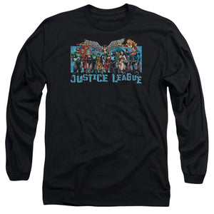 AN OFFCIALLY LICENSED JLA LEAGUE LINEUP MEN'S LONG SLEEVE T-SHIRT BLACK