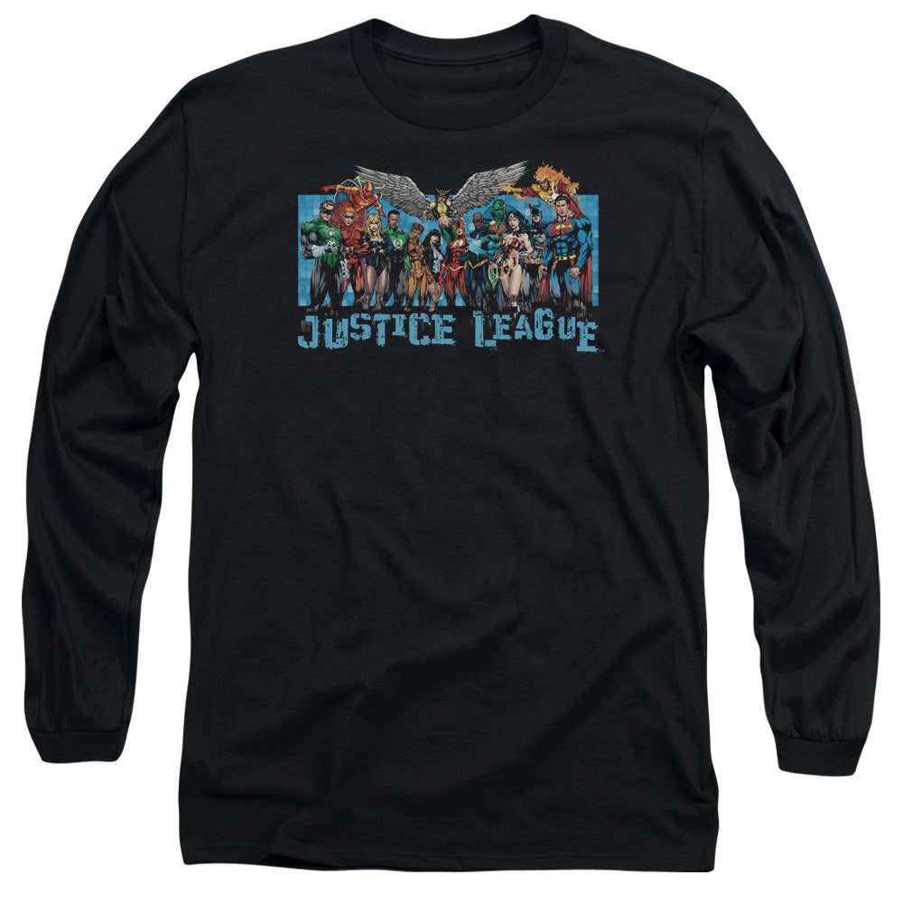 AN OFFCIALLY LICENSED JLA LEAGUE LINEUP MEN'S LONG SLEEVE T-SHIRT BLACK