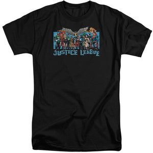 AN OFFCIALLY LICENSED JLA LEAGUE LINEUP MEN'S TALL FIT T-SHIRT BLACK