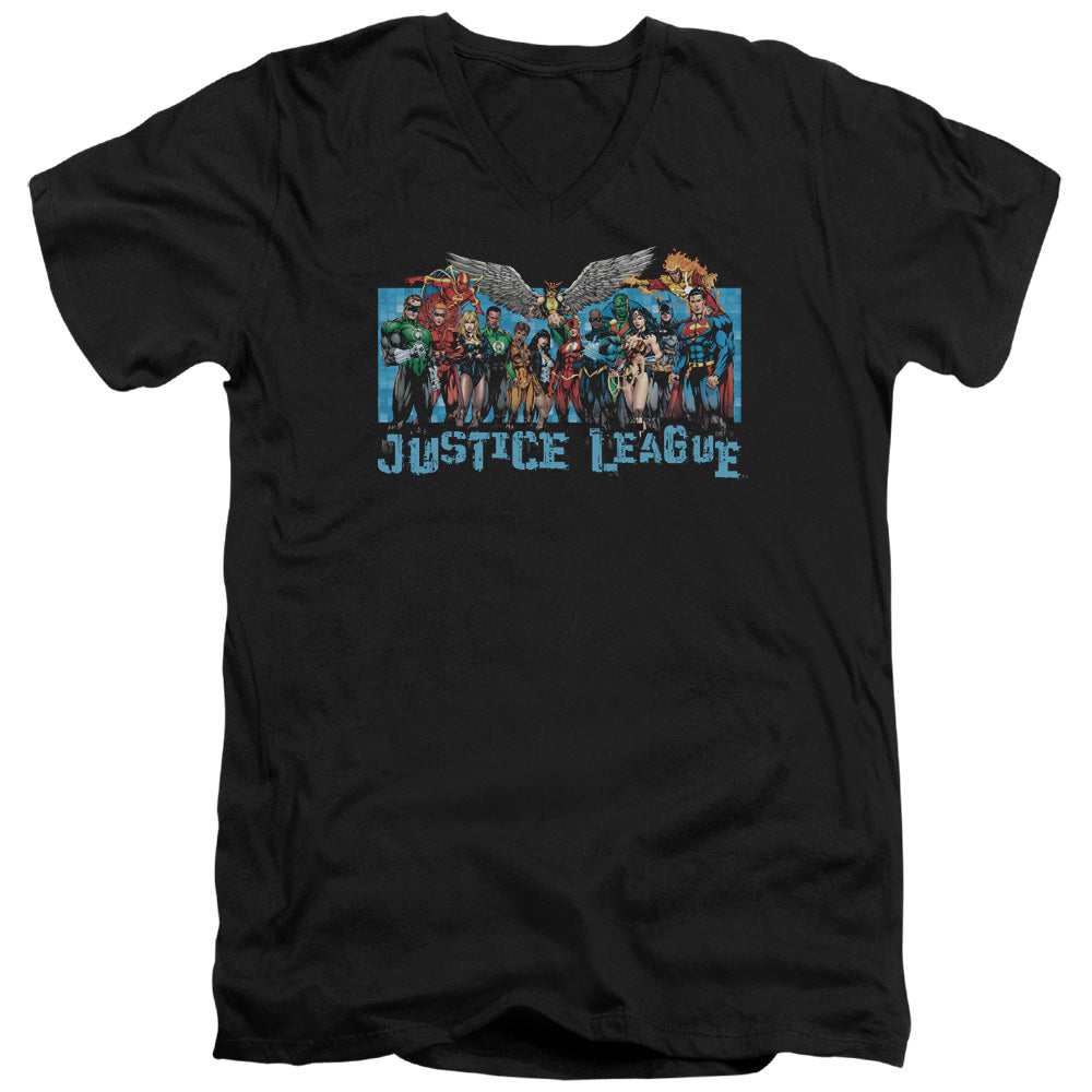 AN OFFCIALLY LICENSED JLA LEAGUE LINEUP MEN'S V-NECK T-SHIRT BLACK