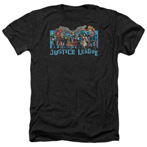 AN OFFCIALLY LICENSED JLA LEAGUE LINEUP MEN'S HEATHER T-SHIRT CHARCOAL