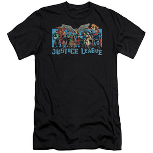 AN OFFCIALLY LICENSED JLA LEAGUE LINEUP MEN'S PREMIUM SLIM FIT T-SHIRT BLACK