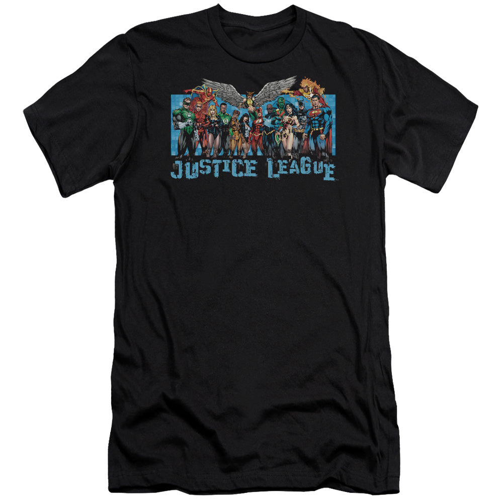 AN OFFCIALLY LICENSED JLA LEAGUE LINEUP MEN'S PREMIUM SLIM FIT T-SHIRT BLACK