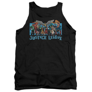 AN OFFCIALLY LICENSED JLA LEAGUE LINEUP ADULT UNISEX TANK TOP BLACK