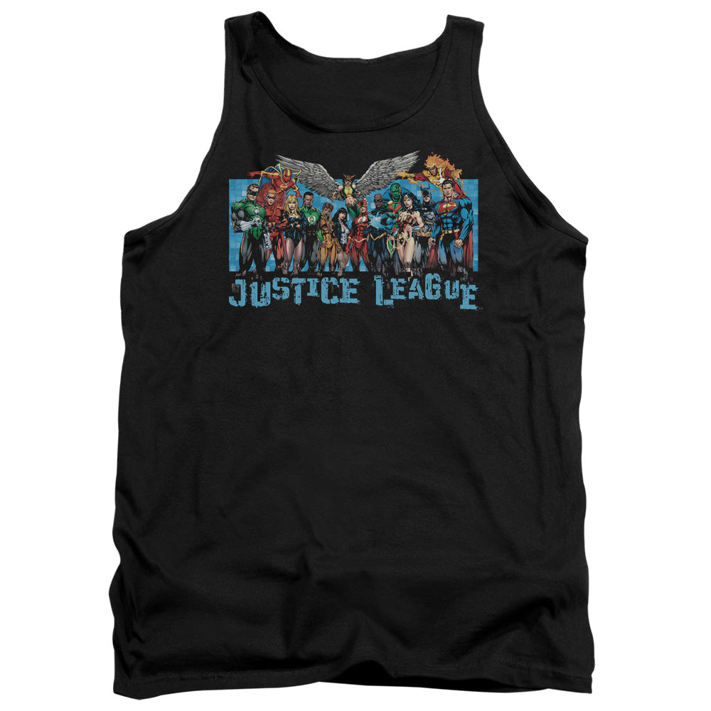 AN OFFCIALLY LICENSED JLA LEAGUE LINEUP ADULT UNISEX TANK TOP BLACK