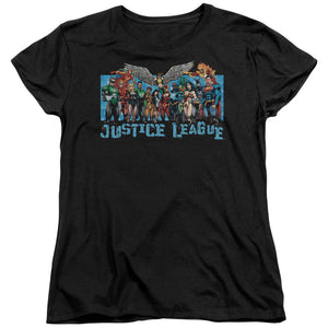 AN OFFCIALLY LICENSED JLA LEAGUE LINEUP WOMEN'S REGULAR FIT T-SHIRT BLACK