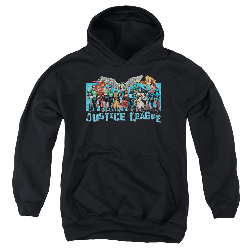 AN OFFCIALLY LICENSED JLA LEAGUE LINEUP YOUTH HOODIE BLACK