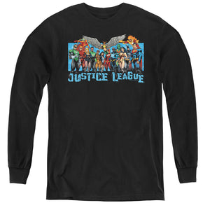 AN OFFCIALLY LICENSED JLA LEAGUE LINEUP YOUTH LONG SLEEVE T-SHIRT BLACK
