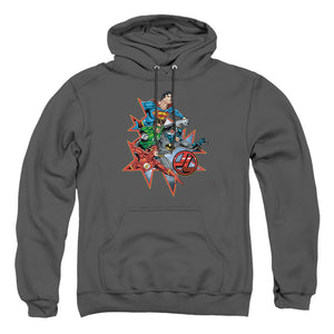 AN OFFCIALLY LICENSED JLA STARBURST ADULT UNISEX PULLOVER HOODIE CHARCOAL