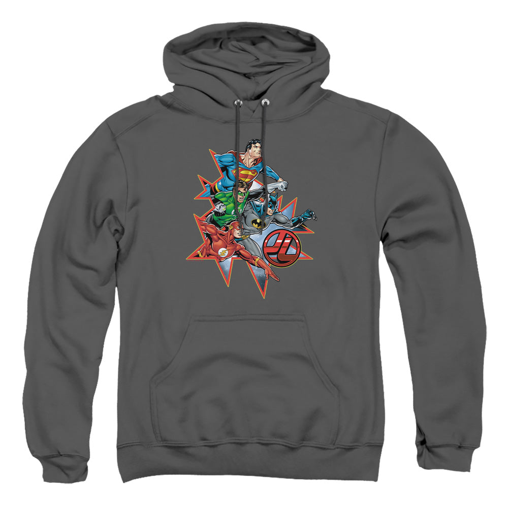 AN OFFCIALLY LICENSED JLA STARBURST ADULT UNISEX PULLOVER HOODIE CHARCOAL