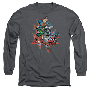 AN OFFCIALLY LICENSED JLA STARBURST MEN'S LONG SLEEVE T-SHIRT CHARCOAL