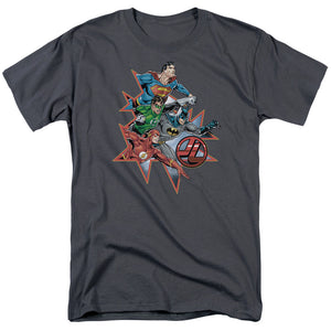 AN OFFCIALLY LICENSED JLA STARBURST MEN'S REGULAR FIT T-SHIRT CHARCOAL