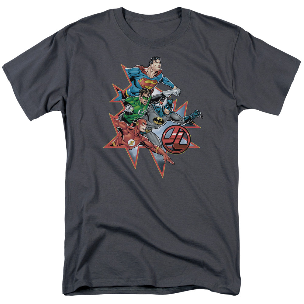 AN OFFCIALLY LICENSED JLA STARBURST MEN'S REGULAR FIT T-SHIRT CHARCOAL