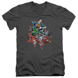 AN OFFCIALLY LICENSED JLA STARBURST MEN'S V-NECK T-SHIRT CHARCOAL